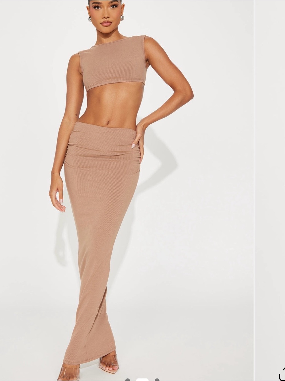 Fashion Nova Ribbed Maxi Skirt in Taupe